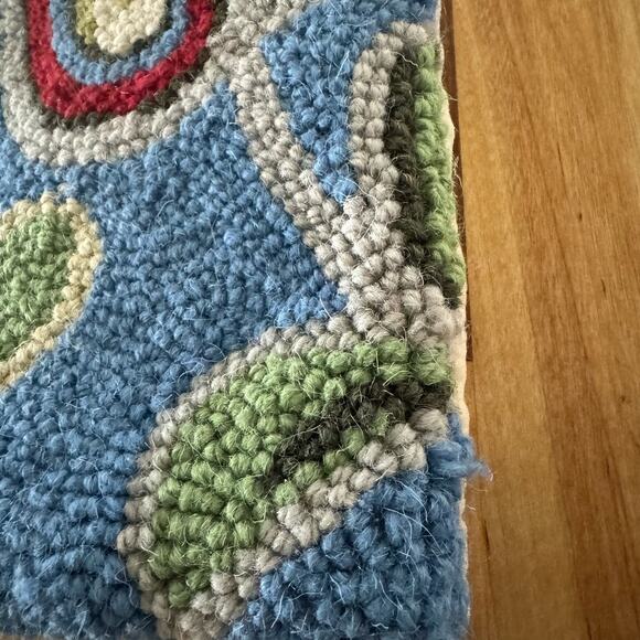 Jacobean Flower Wool Latch Hooked Pillow Blue Red 14x18" Cottage Core Country - Picture 9 of 11